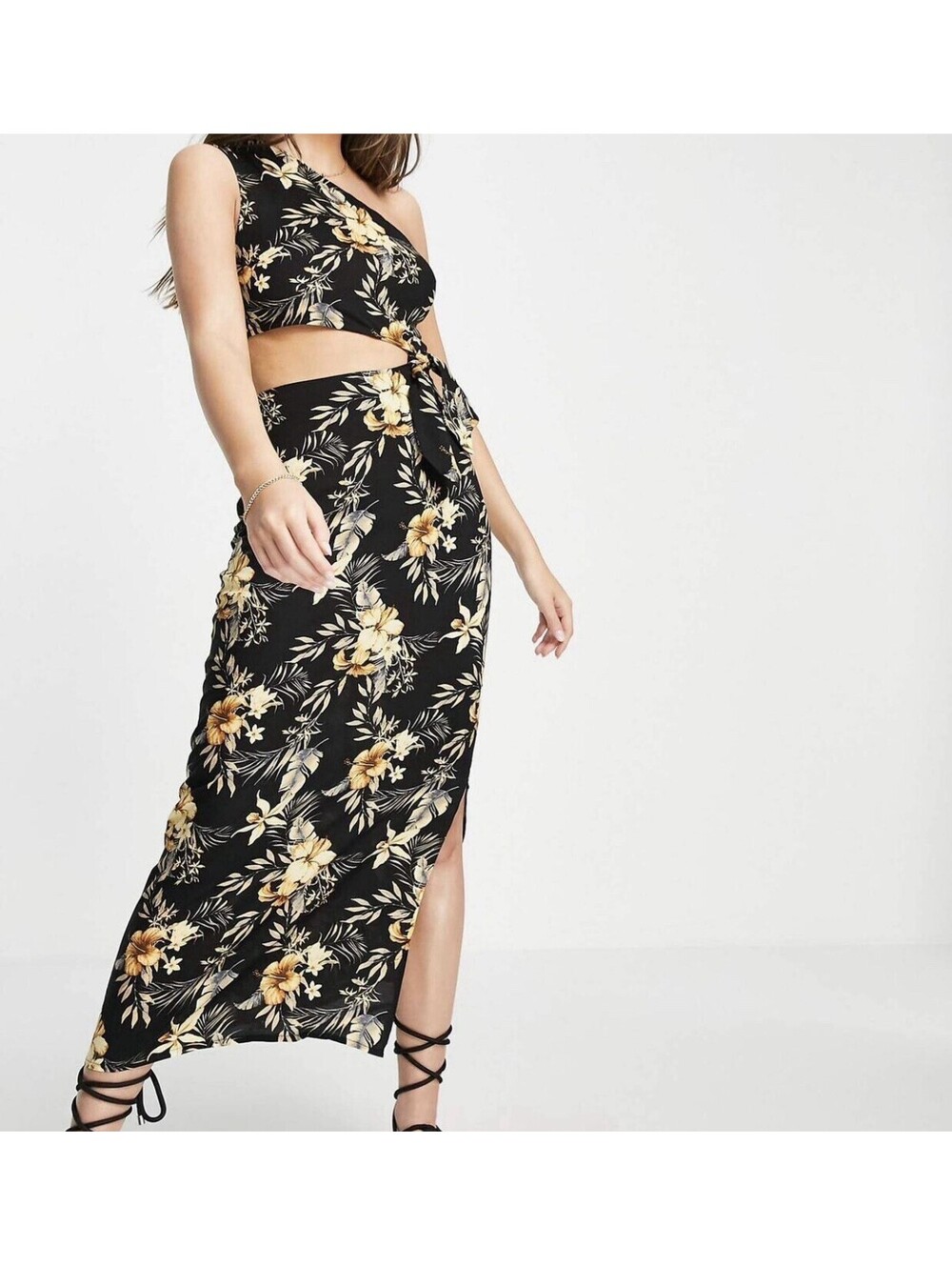 ASOS DESIGN One Shoulder Cut-Out Waist Black Floral Viscose Long Dress Size 12